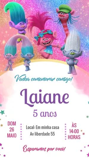 Convite de Aniversário Trolls com Personagens para Editar Online