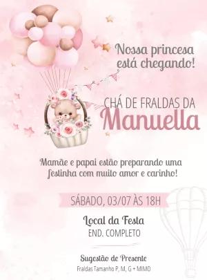 Convite Chá de Fraldas Ursinha Baloieira para Editar Online