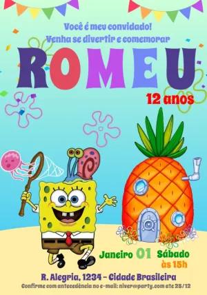 Convite de Aniversário Bob Esponja com Personagens para Editar