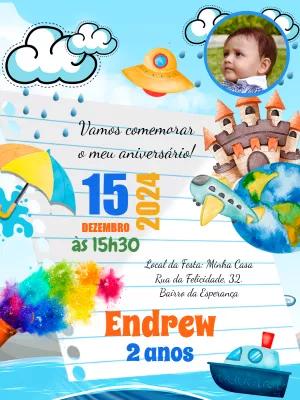 Convite de Aniversário Infantil Aquarela com Foto para Editar
