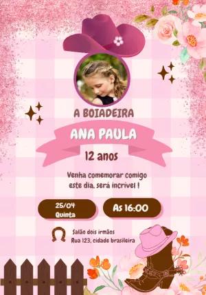 Convite Aniversário Boiadeira com Foto para Editar Online