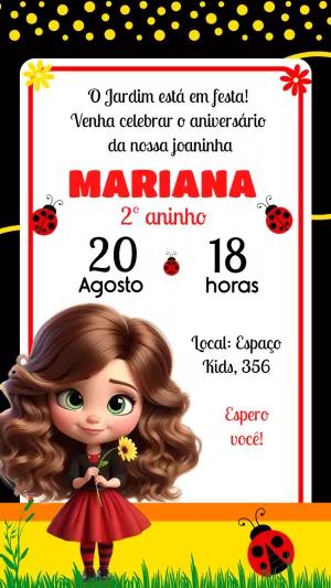 Convite Aniversário Joaninha com Menina Morena para Editar