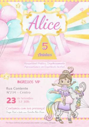 Convite Aniversário Circo Rosa com Menina Acrobata para Editar