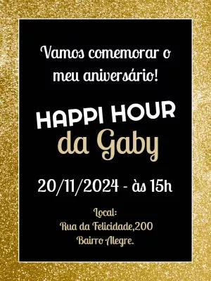 Convite Aniversário Happy Hour Glitter Dourado para Editar Online