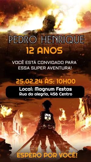 Convite Aniversário Attack on Titan com Personagens para Editar
