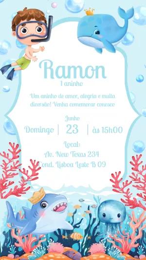Convite Aniversário Fundo do Mar com Animais para Editar Online