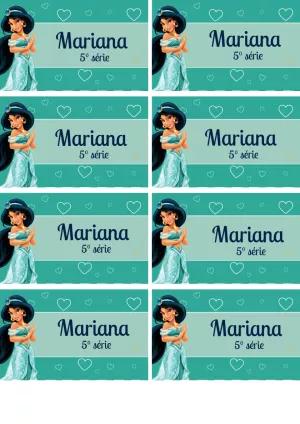 Etiqueta Escolar da Princesa Jasmine para Editar e Imprimir