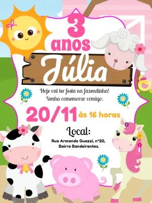 Convite Aniversário Fazendinha Rosa com Animais para Editar