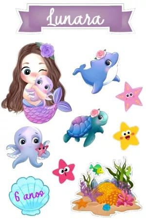 Topo de Bolo Sereia e Fundo do Mar com Elementos para Editar