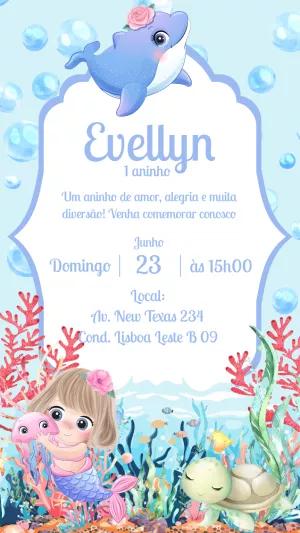 Convite Aniversário Fundo do Mar com Sereia para Editar Online