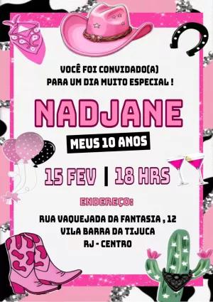 Convite Aniversário Boiadeira Rosa Country para Editar Online
