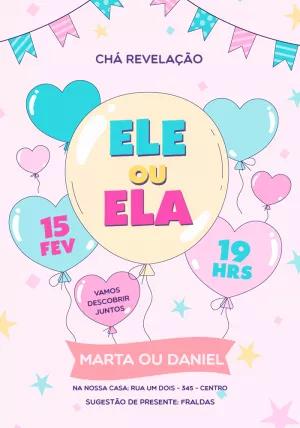 Convite Chá Revelação com Balões e Corações para Editar