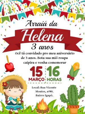 Convite Aniversário Festa Junina Menina para Editar Online
