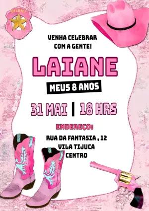 Convite Aniversário Boiadeira Rosa para Editar Online