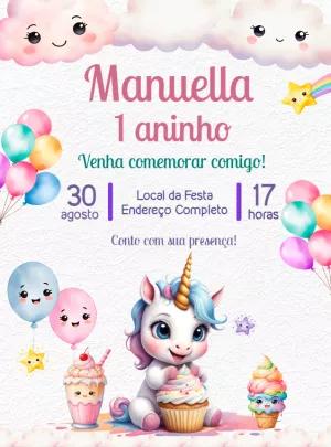 Convite Aniversário Unicórnio Fofo para Editar Online