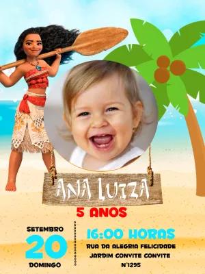 Convite de Aniversário Moana com Foto para Editar Online