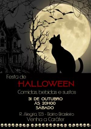 Convite de Halloween com Gato Preto para Editar Online