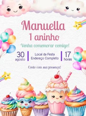 Convite Aniversário Doces Kawaii para Editar Online