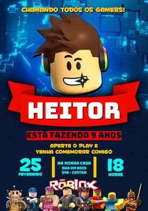Convite de Aniversário Roblox Gamer com Personagem para Editar