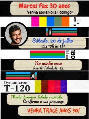 Convite Aniversário Anos 90 Fita Cassete com Foto Editável