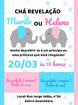 Convite Chá Revelação Elefantinhos Azul e Rosa para Editar