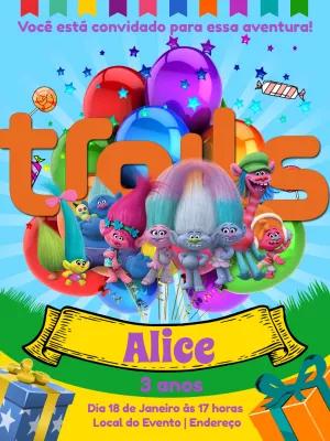 Convite de Aniversário Trolls com Personagens para Editar