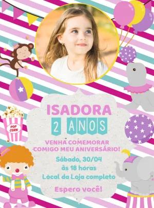 Convite Aniversário Circo Rosa com Foto para Editar Online