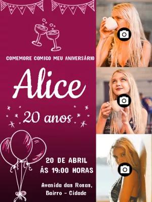 Convite de Aniversário Feminino com Fotos para Editar Online