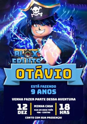 Convite de Aniversário Blox Fruits Editável com Personagens