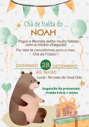 Convite Chá de Fralda Ursinho Aquarela para Editar Online