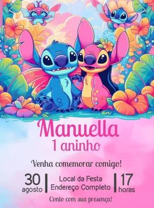 Convite de Aniversário Stitch e Angel para Editar Online