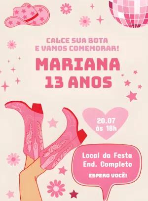 Convite Aniversário Boiadeira Country Rosa para Editar