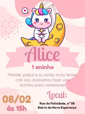 Convite Aniversário Unicórnio Fofo na Lua para Editar Online