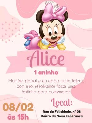 Convite de Aniversário Minnie Baby Rosa para Editar Online
