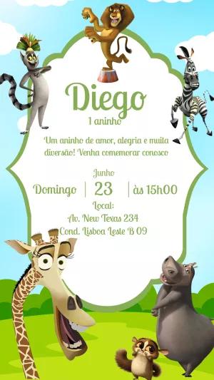 Convite de Aniversário Madagascar com Personagens para Editar