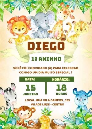 Convite Aniversário Safari Baby com Animais para Editar Online
