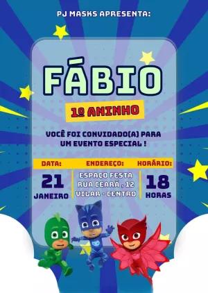 Convite de Aniversário PJ Masks Editável para Imprimir