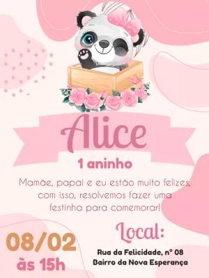 Convite de Aniversário Panda Rosa para Editar Online