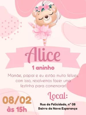 Convite Aniversário Ursinha Bailarina para Editar Online