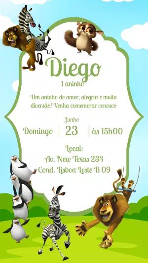 Convite de Aniversário Madagascar com Personagens para Editar