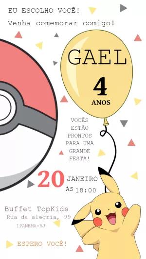 Convite de Aniversário Pokemon com Pikachu para Editar Online