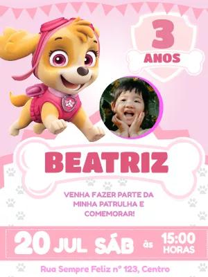 Convite Aniversário Skye Patrulha Canina com Foto para Editar