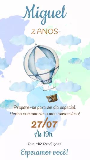 Convite Aniversário Balão Aquarela para Editar Online