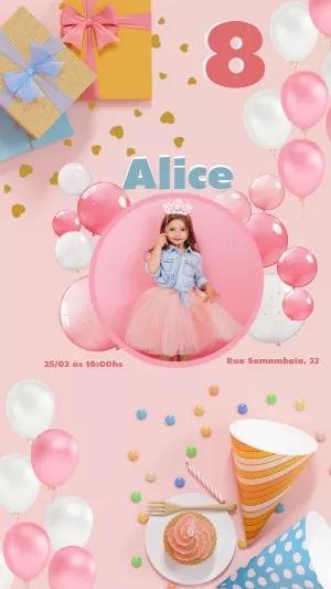 Convite de Aniversário Rosa com Foto para Editar Online
