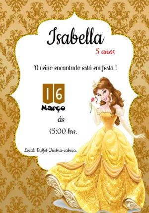 Convite Aniversário Princesa Bela Dourado para Editar Online