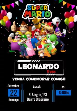 Convite de Aniversário Super Mario com Personagens para Editar