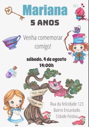 Convite Aniversário Alice no País das Maravilhas para Editar Online