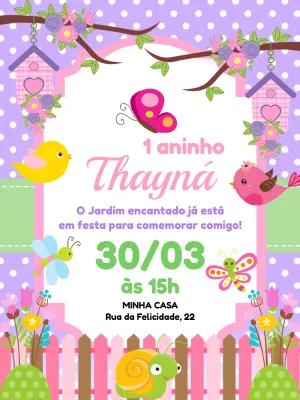 Convite Aniversário Jardim Encantado com Passarinhos para Editar
