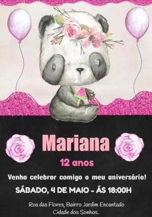 Convite de Aniversário Panda Rosa com Glitter para Editar