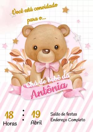 Convite Chá de Bebê Ursinha Rosa para Editar Online